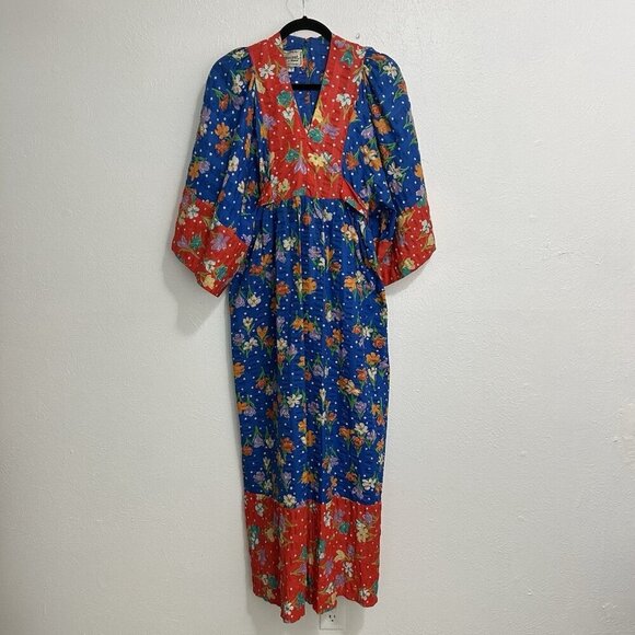 1960s Young Innocents by Arpeja Red & Blue Cotton Floral Print Caftan Dress Sz S - Picture 6 of 12
